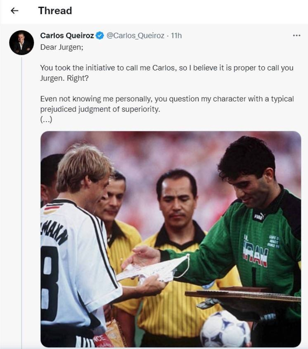 التغريدة الأولى الموجهة من كيروش إلى كلينسمان