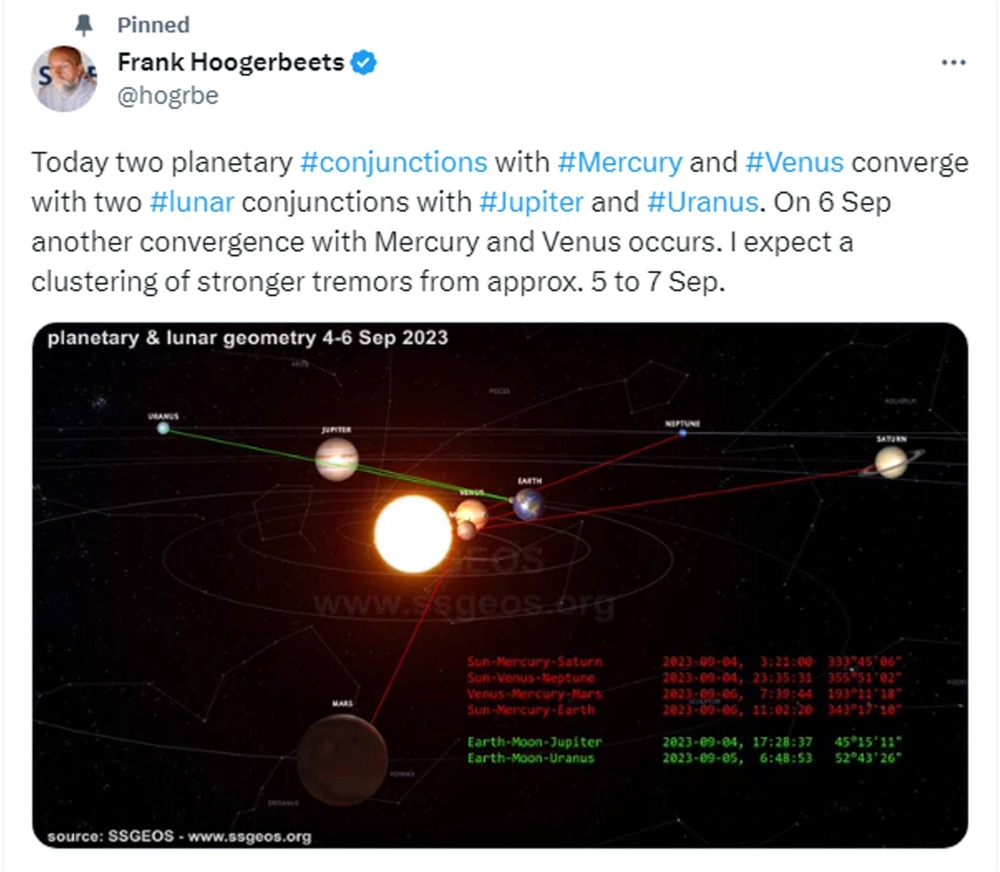 صورة ضوئية لتغريدة العالم الهولندي التي توقّع فيها حدوث زلازل قوية