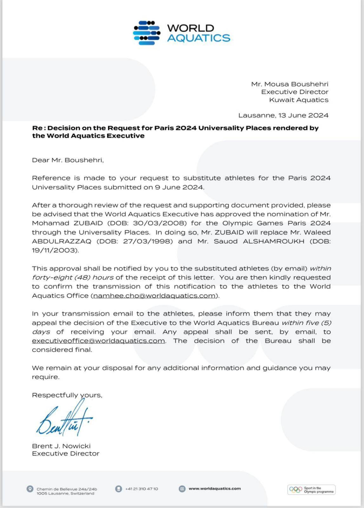 صورة ضوئية عن رد الاتحاد الدولي للألعاب المائية