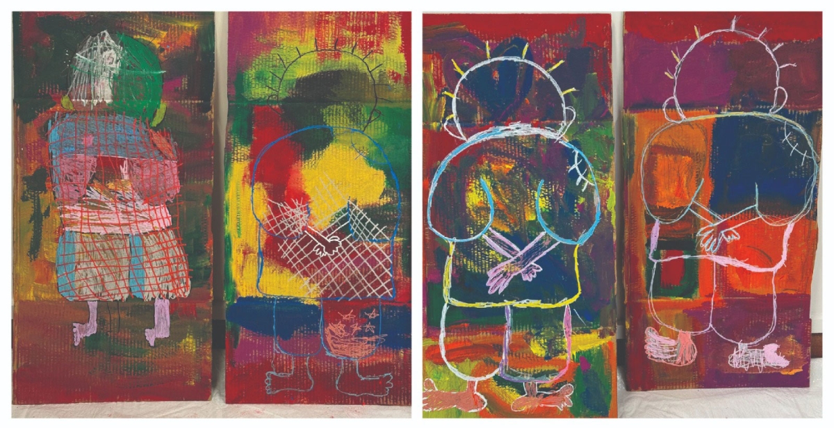 مجموعة من رسومات الأطفال لرمز الصمود حنظلة