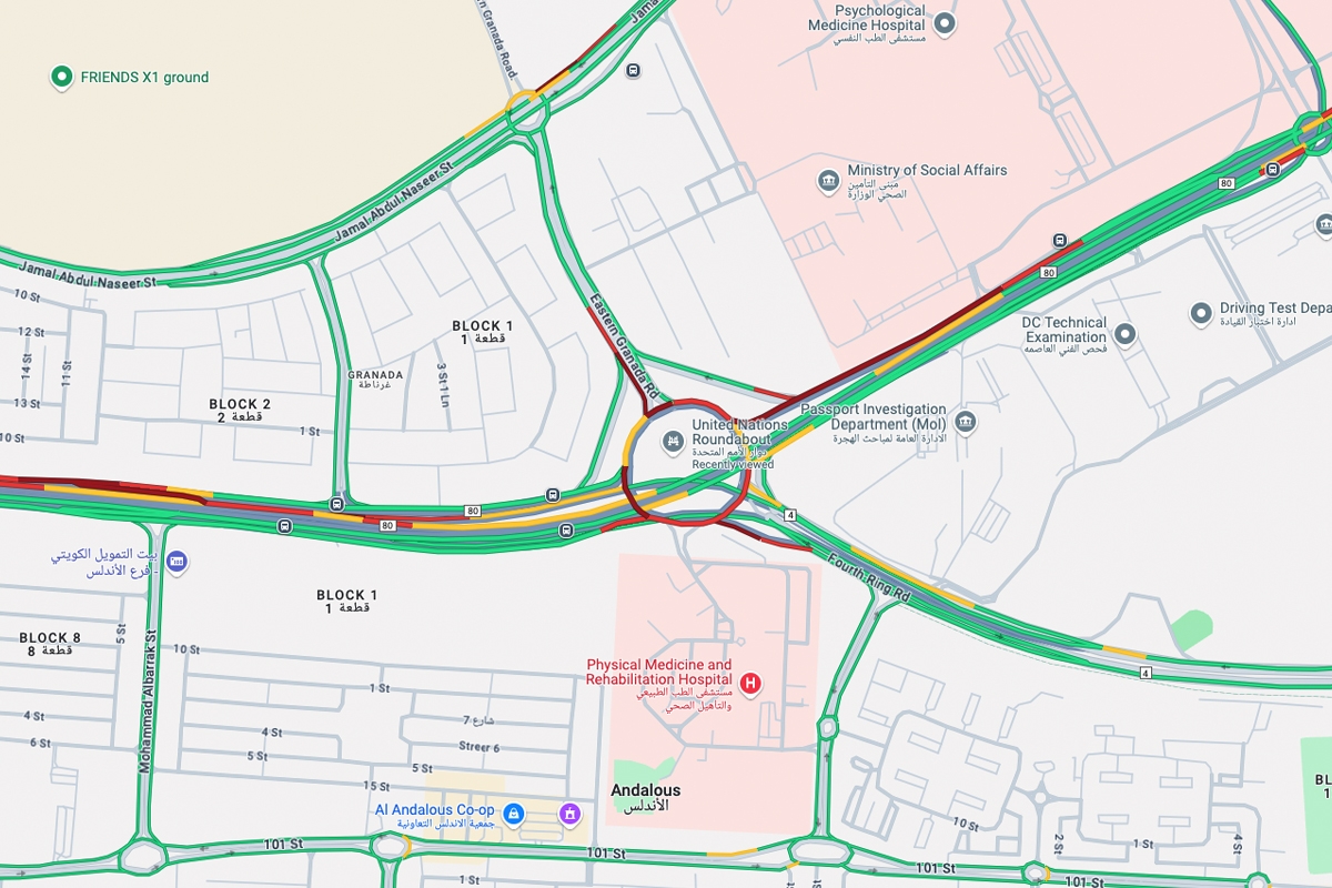 ازدحام في دوار الأمم المتحدة وطريق الجهراء «غوغل ماب»