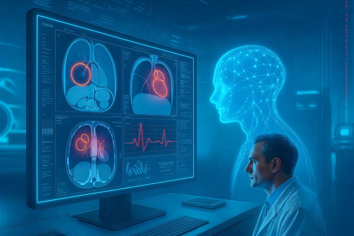 رسم فني يوضح دور الذكاء الاصطناعي في دعم الأطباء