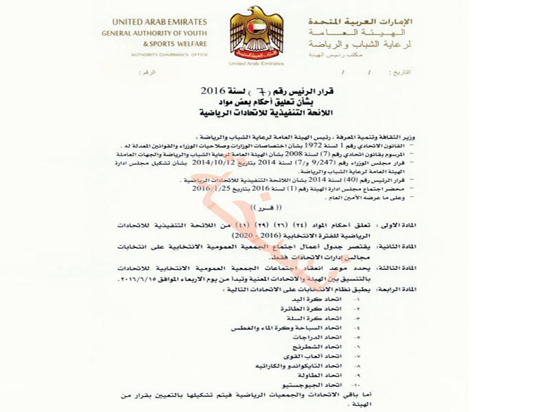 قرار الهيئة في الإمارات بالتعيين في الاتحادات