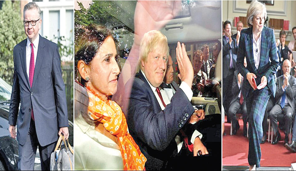 صورة مركبة تجمع تريزا ماي و جونسون بعد إعلانه الانسحاب ومايكل غوف (ديلي ميل)