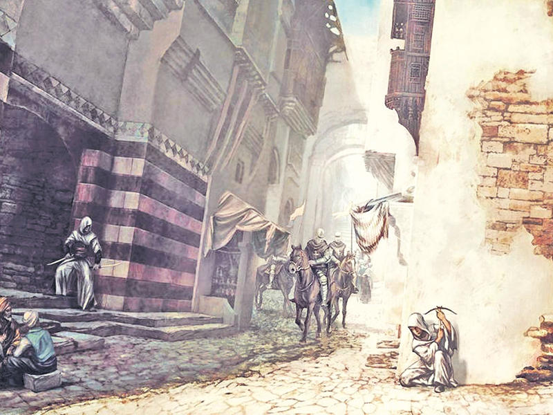 رسم لعملية اغتيال المركيز كونراد دي مونفيرا ملك بيت المقدس الصليبي