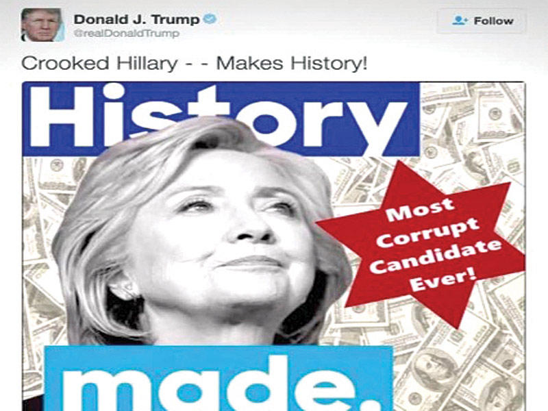 الصورة التي نشرها ترامب عن كلينتون قبل أن يحذفها بعد أن أثارت الجدل (سي ان ان )