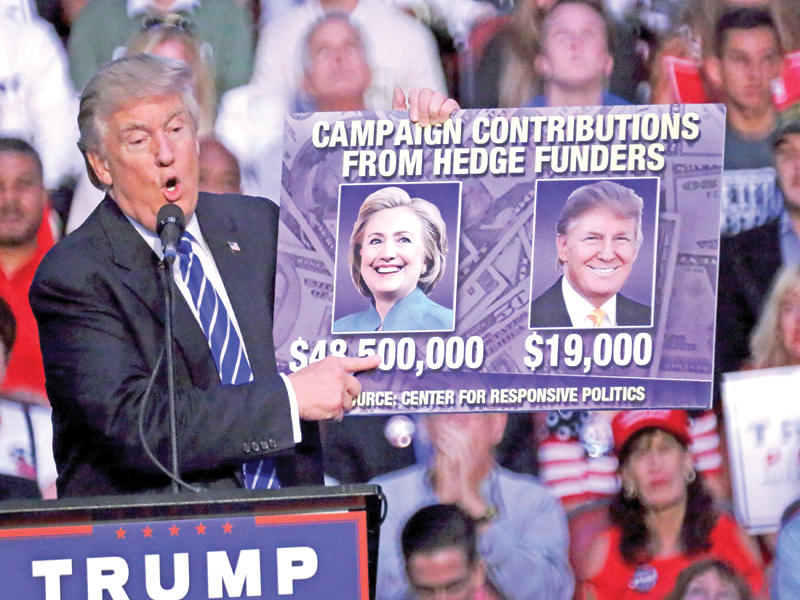 ترامب يعرض ما حصل عليه من صناديق التحوط مقابل كلينتون في تجمع بفلوريدا أمس الأول  (إي بي إيه)