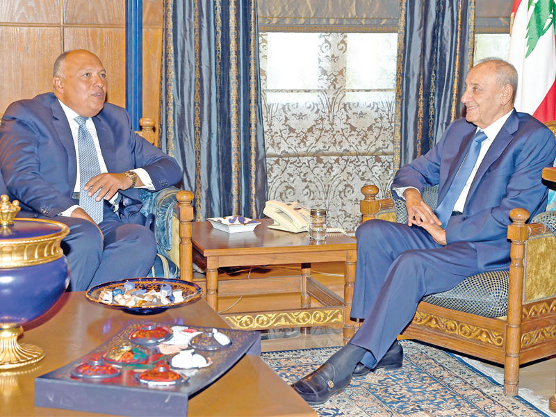 بري مستقبلاً شكري في عين التينة أمس  (إي بي إيه)