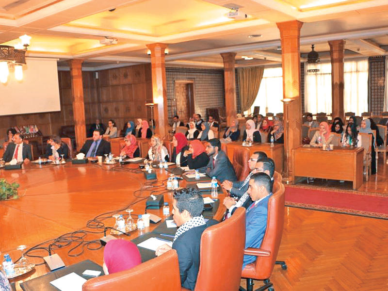 جانب من احتفالية بعنوان «يوم القدس» فى مقر جامعة الدول العربية في القاهرة أمس