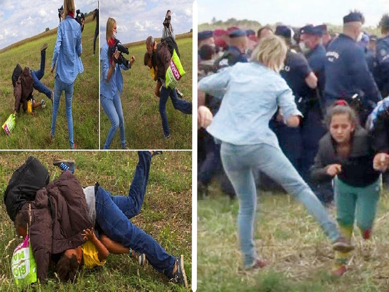 بيترا لازلو وهي تعرقل المهاجرين