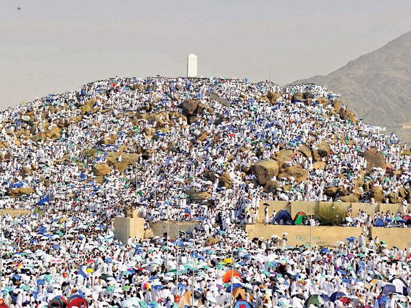 حجيج يستبقون يوم عرفة بالوقوف على جبل الرحمة أمس (واس)