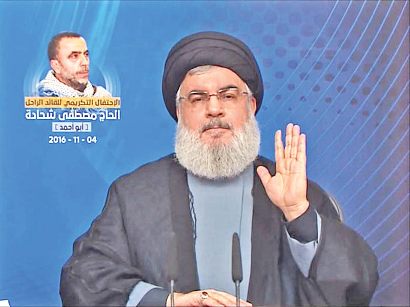 صورة مأخوذة من تلفزيون «المنار» لخطاب نصرالله أمس   (أ ف ب)n