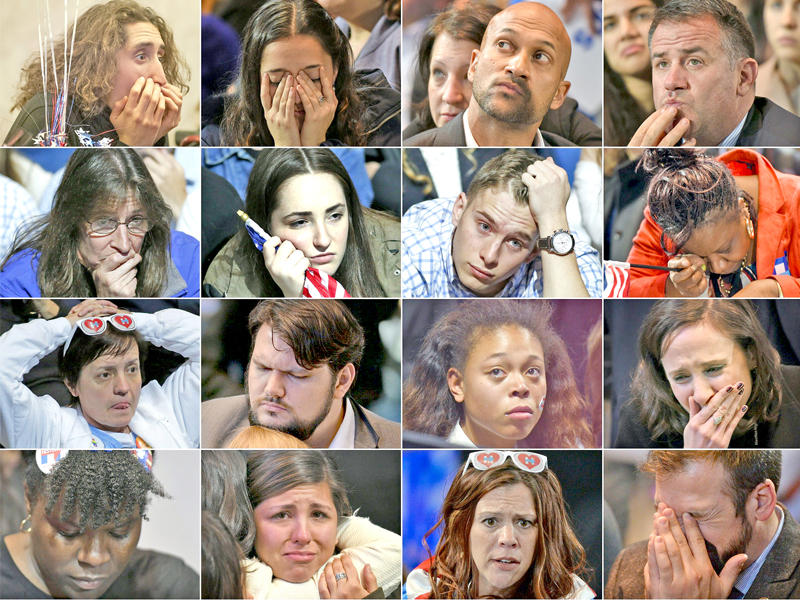 صورة مركبة لأنصار كلينتون المصدومين بعد خسارة مرشحتهم أمسt(أ ف ب)