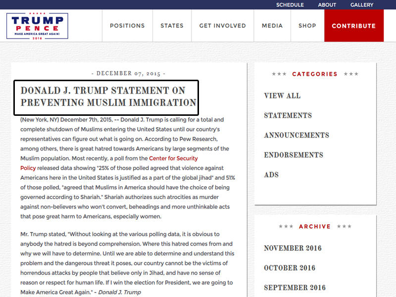 البيان الصحفي الذي دعا فيه ترامب إلى حظر دخول المسلمين إلى أراضي الولايات المتحدة