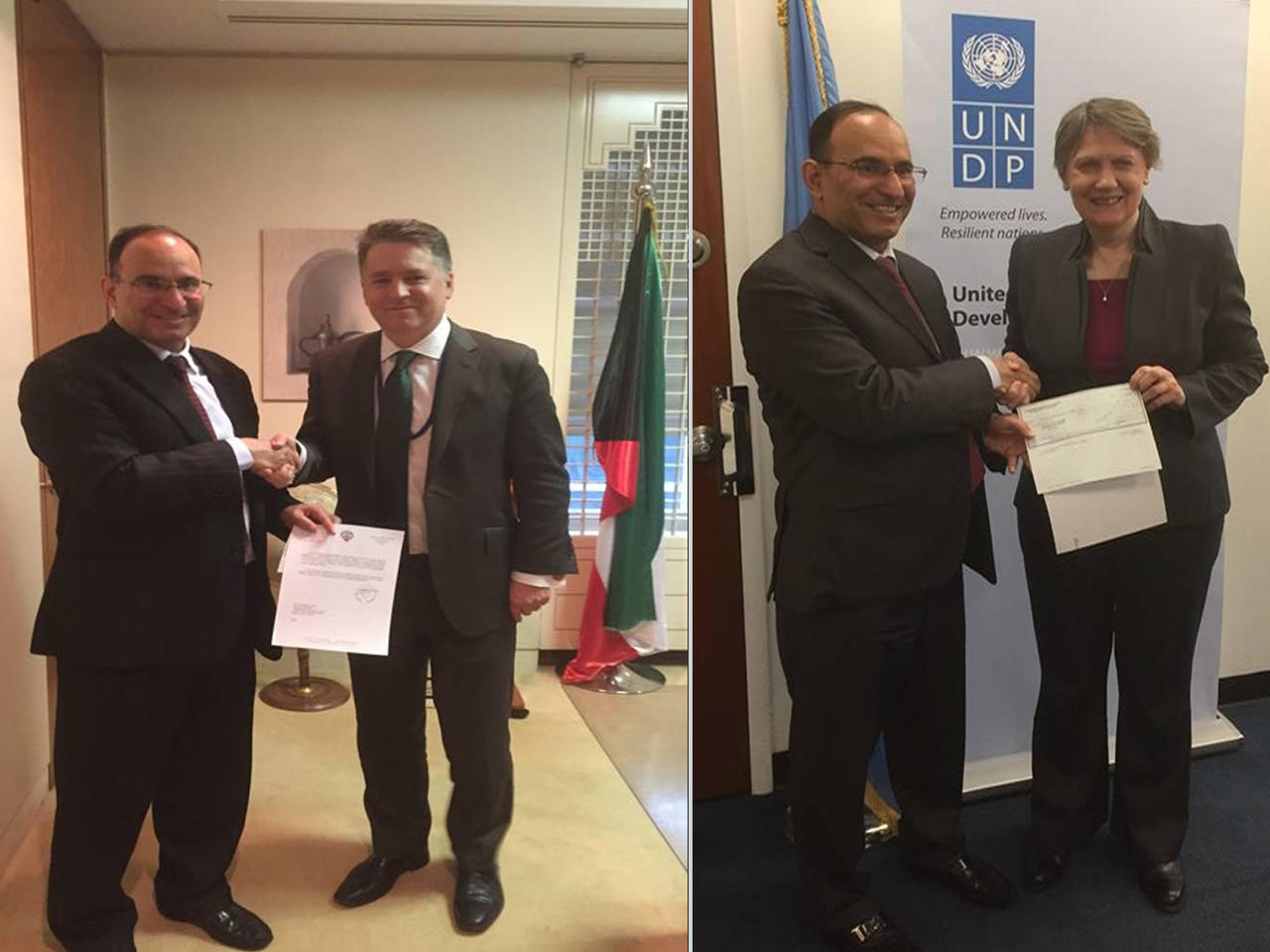 جستن فورسث وهيلين كلارك يستلمان الشيك من مندوب الكويت الدائم لدى الأمم المتحدة السفير منصور العتيبي