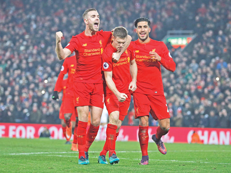 فرحة جيمس ميلنر بعد تسجيله الهدف الثاني لليفربول