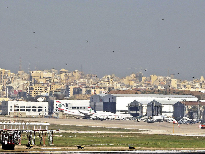 سرب من طيور النورس فوق أحد مدرجات مطار بيروت وكادت الطيور التي تزايد عددها بسبب مكب نفايات الكوستابرافا تتسبب في كارثة جوية قبل أيام ما استدعى إقفال المدرج الغربي للمطار (أ ف ب)n