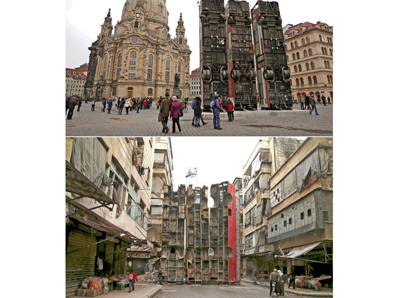 صورة مركبة يظهر قسمها الأعلى قيام الفنان السوري مناف الحلبوني بوضع 3 حافلات بطريقة عمودية في مدينة دريسدن الألمانية أسوة بالحافلات التي كانت تفصل بين حلب الشرقية والغربية (القسم الأسفل)          (رويترز)