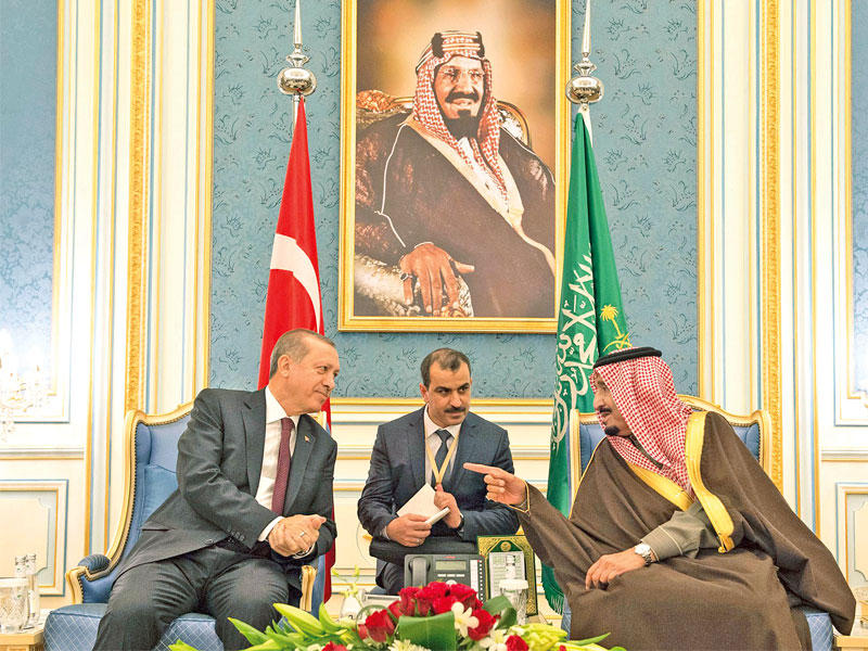 العاهل السعودي مجتمعاً بالرئيس التركي في الرياض أمس    (أ ف ب)