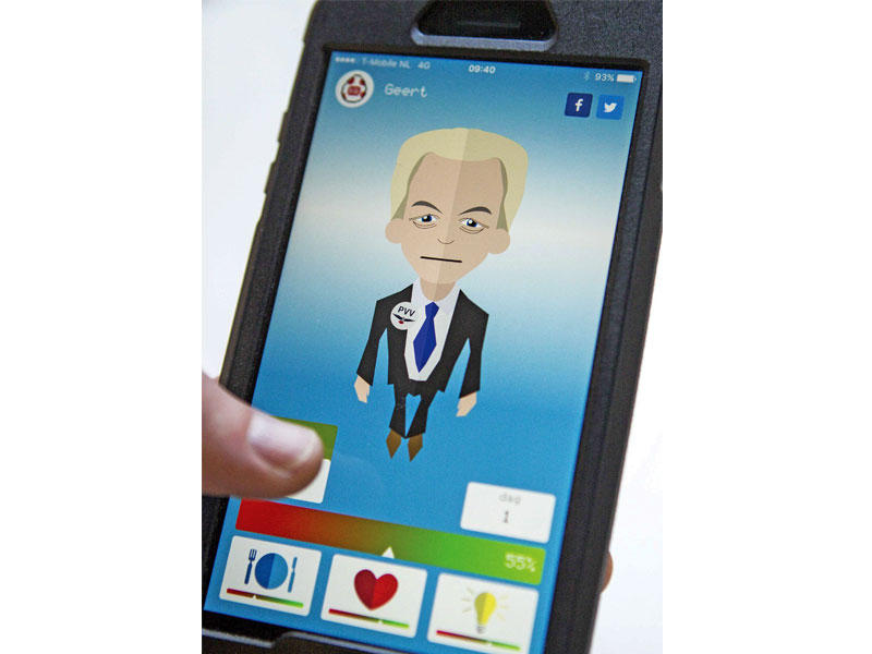 تطبيق رائج في هولندا يمكن مستخدميه من اختيار أحد قادة الاحزاب الـ 17 في البلاد والاهتمام به ، ويبدو فيلدرز على شاشة الهاتف (اي بي ايه)