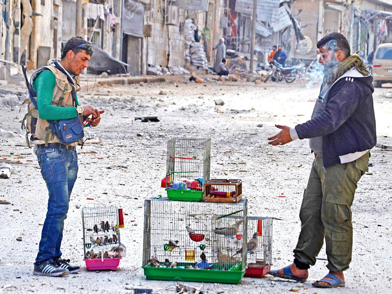 مقاتل سوري يشتري من بائع طيور وسجائر في مدينة الباب أمس الأول (أ ف ب)