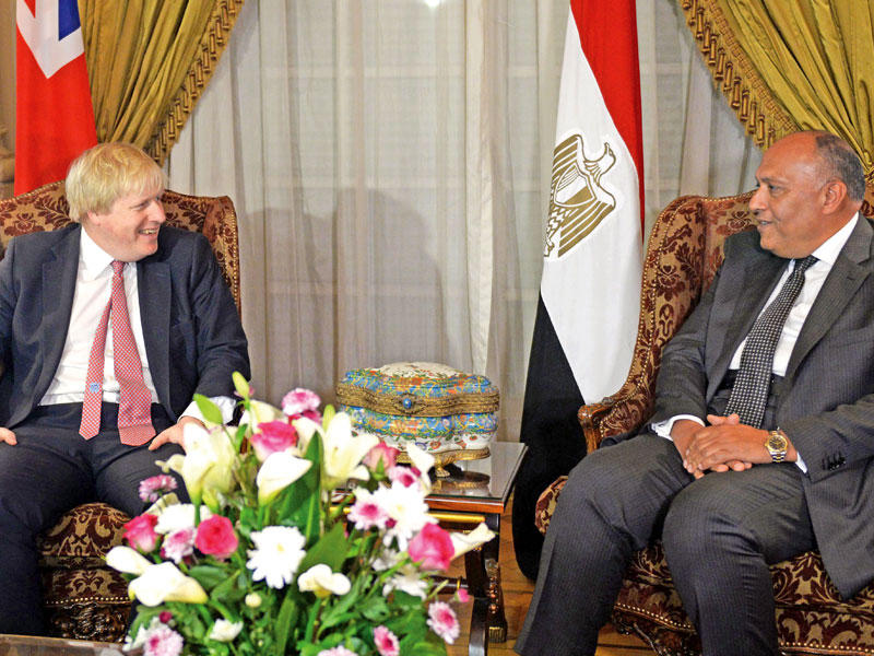 شكري مستقبلاً جونسون في القاهرة أمس (أ ف ب)