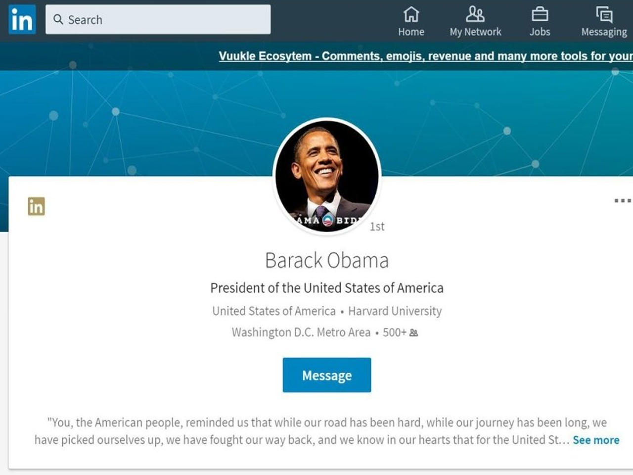 صفحة باراك أوباما على موقع لينكد إن