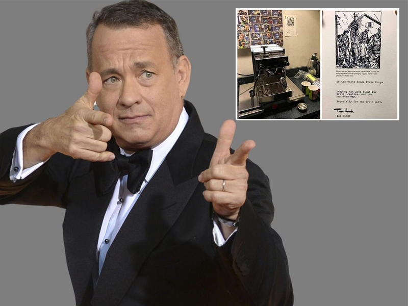 آلة القهوة وبجانبها الرسالة المذيلة بتوقيعه