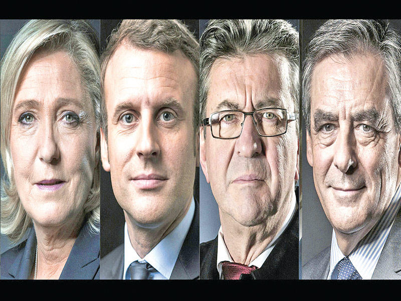 المرشحون الأربعة الأوائل بالترتيب من اليمين فيون وميلونشون وماكرون ولوبن 