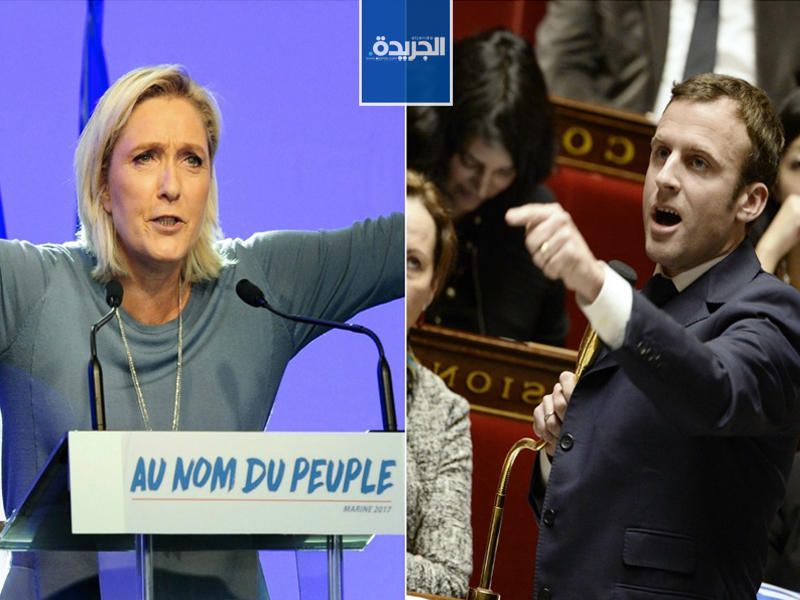 المرشح الوسطي إيمانويل ماكرون وزعيمة اليمين المتطرف مارين لوبن