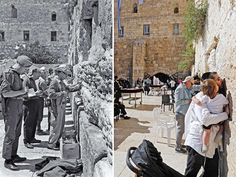 إسرائيليون يهود على الحائط الغربي الآن وبعد احتلال القدس في 1967 (أ ف ب)