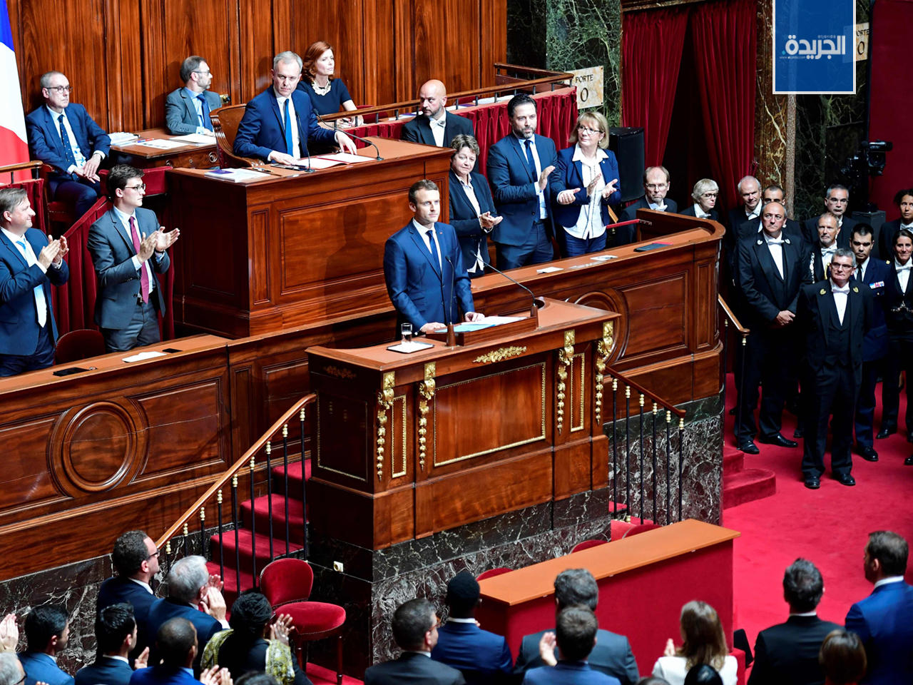 ماكرون ملقياً خطابه أمام البرلمان المجتمع بمجلسيه في قصر فرساي اليوم - ا ف ب