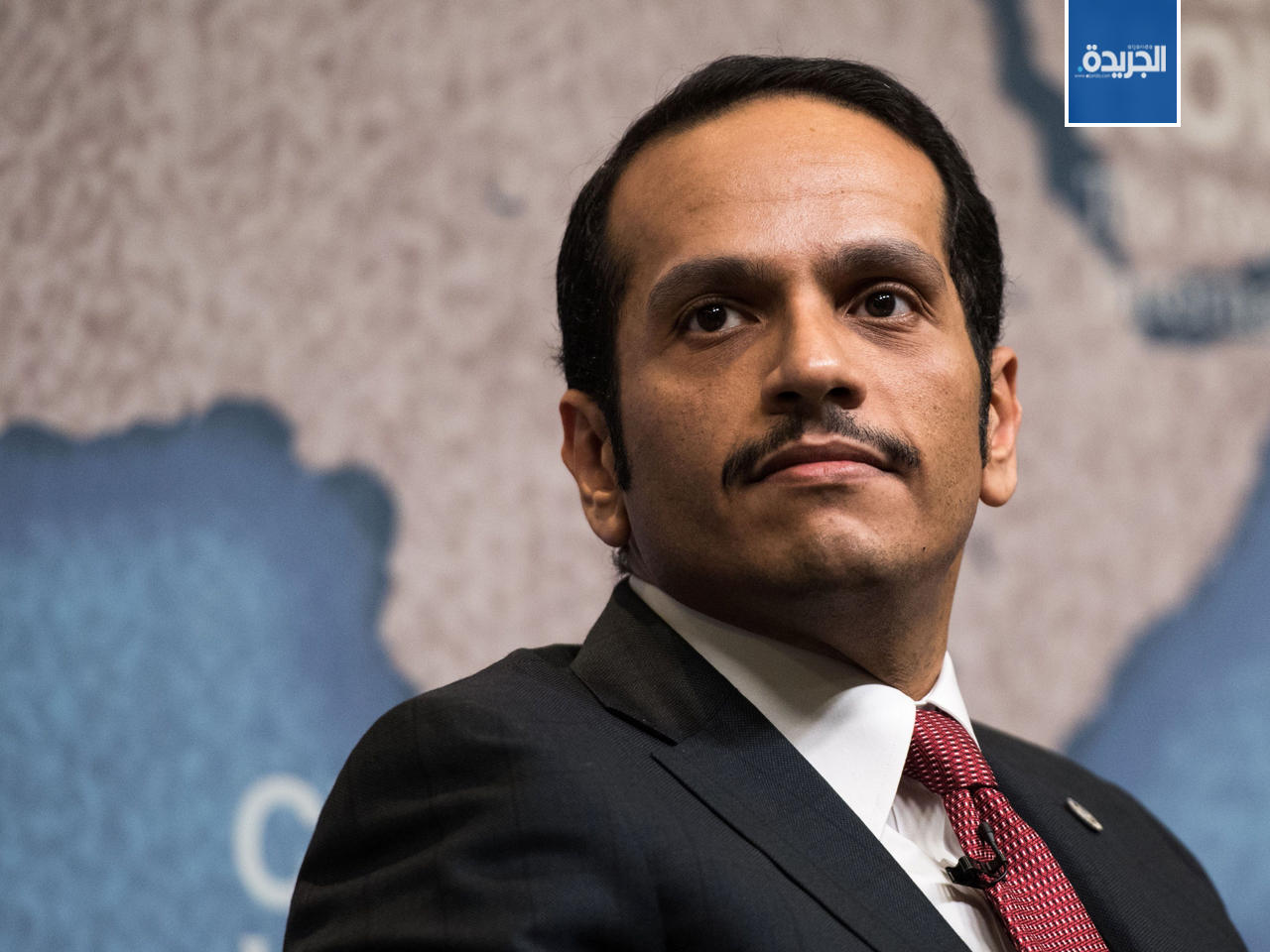 وزير الخارجية القطري محمد آل ثاني خلال ندوة في لندن