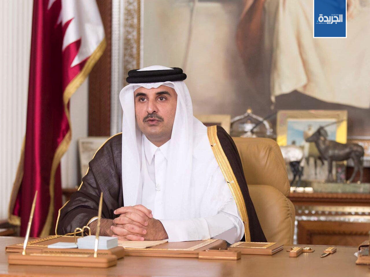  الشيخ تميم بن حمد آل ثاني خلال إلقائه خطابه التلفزيوني اليوم