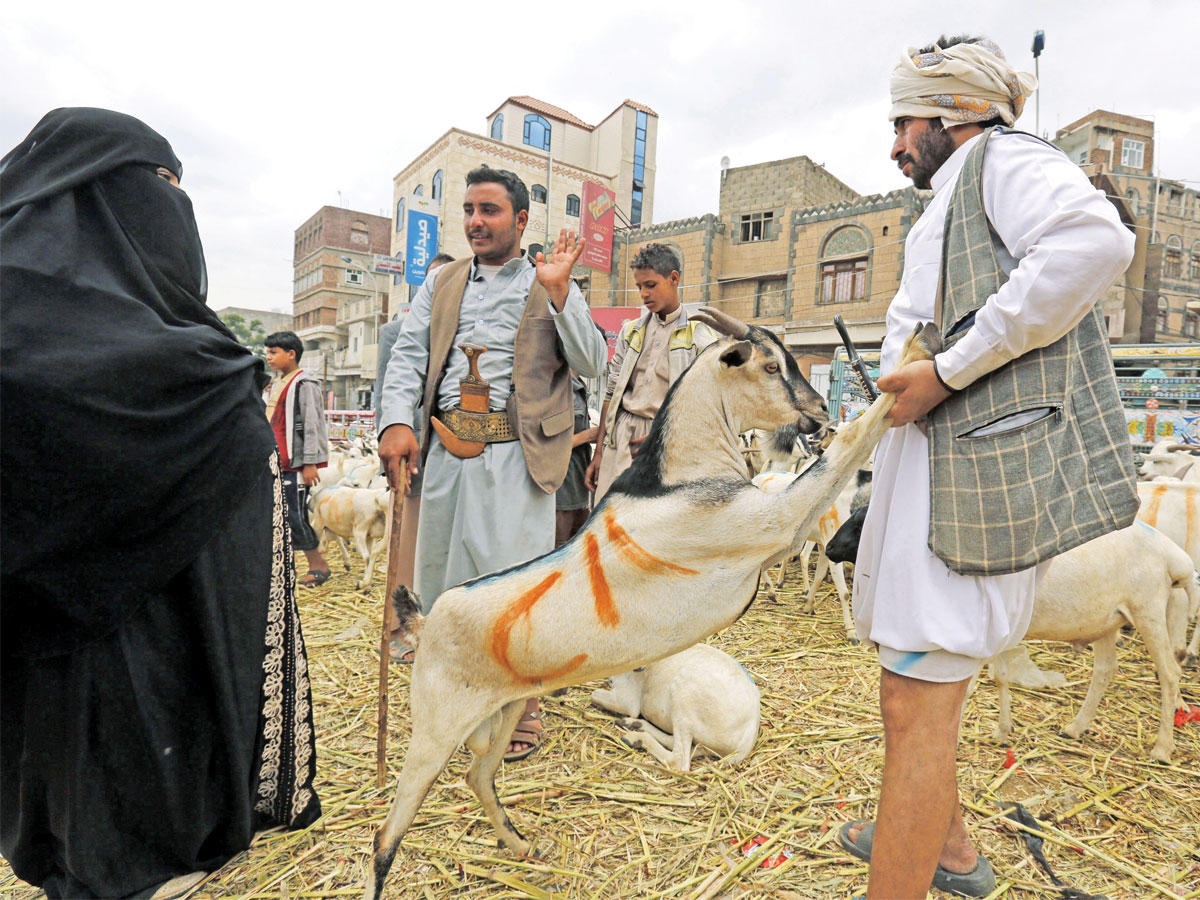يمنيون داخل سوق لبيع الأضاحي في صنعاء أمس t(إي بي أيه)
