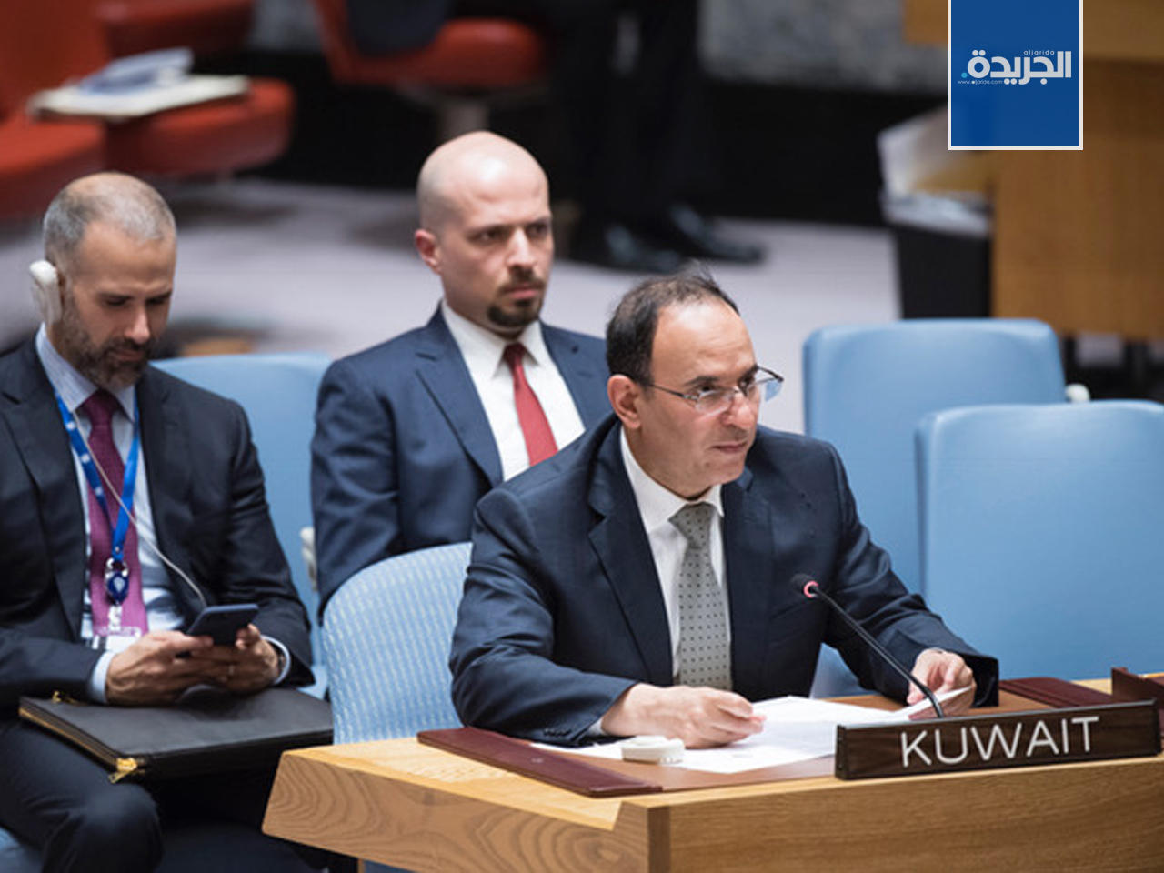 المندوب الدائم لدولة الكويت لدى الأمم المتحدة منصور العتيبي في جلسة مجلس الامن