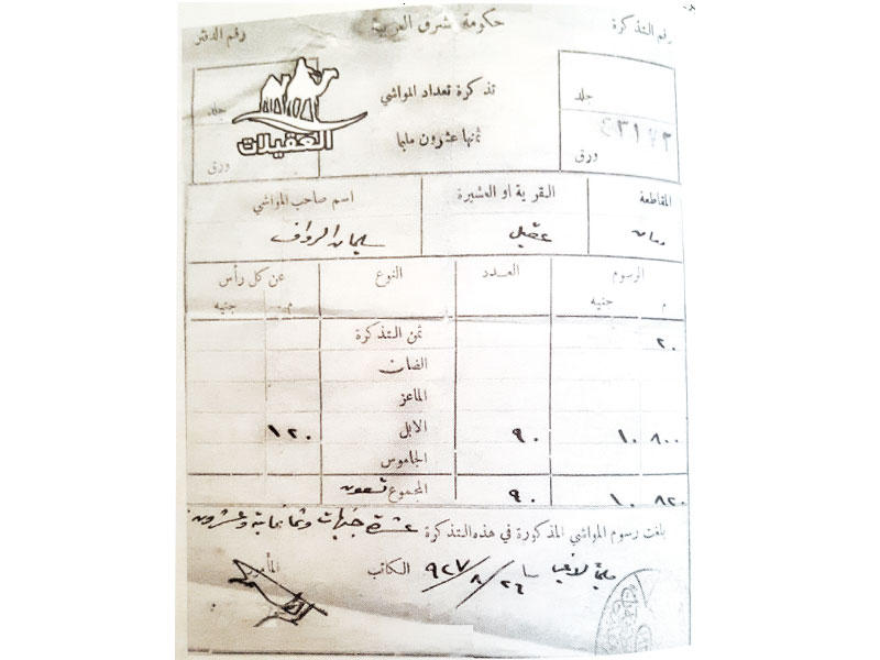 ورقة تعداد المواشي في قافلة العقيلي سليمان الرواف عام 1927م في حكومة شرق الأردن (من كتاب العقيلات لعبداللطيف الوهيبي)