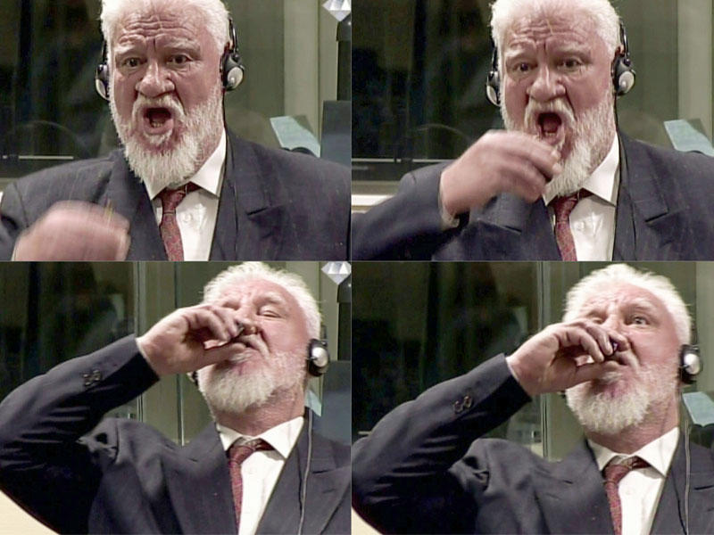 صورة مركبة مأخوذة عن شريط فيديو تظهر بارلياك خلال تجرعه السم أثناء محاكمته في لاهاي أمس (أ ف ب)