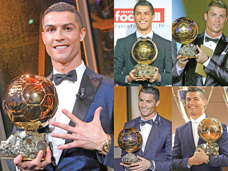 البرتغالي رونالدو ولقطات مع الكرات الذهبيه الخمس التي توج بها