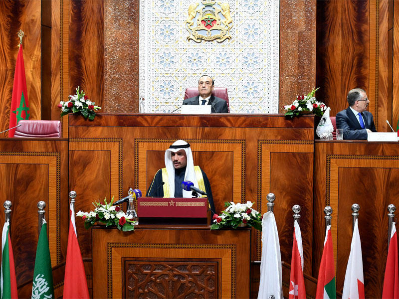 الغانم ملقياً كلمته في القمة الطارئة للاتحاد البرلماني العربي أمس