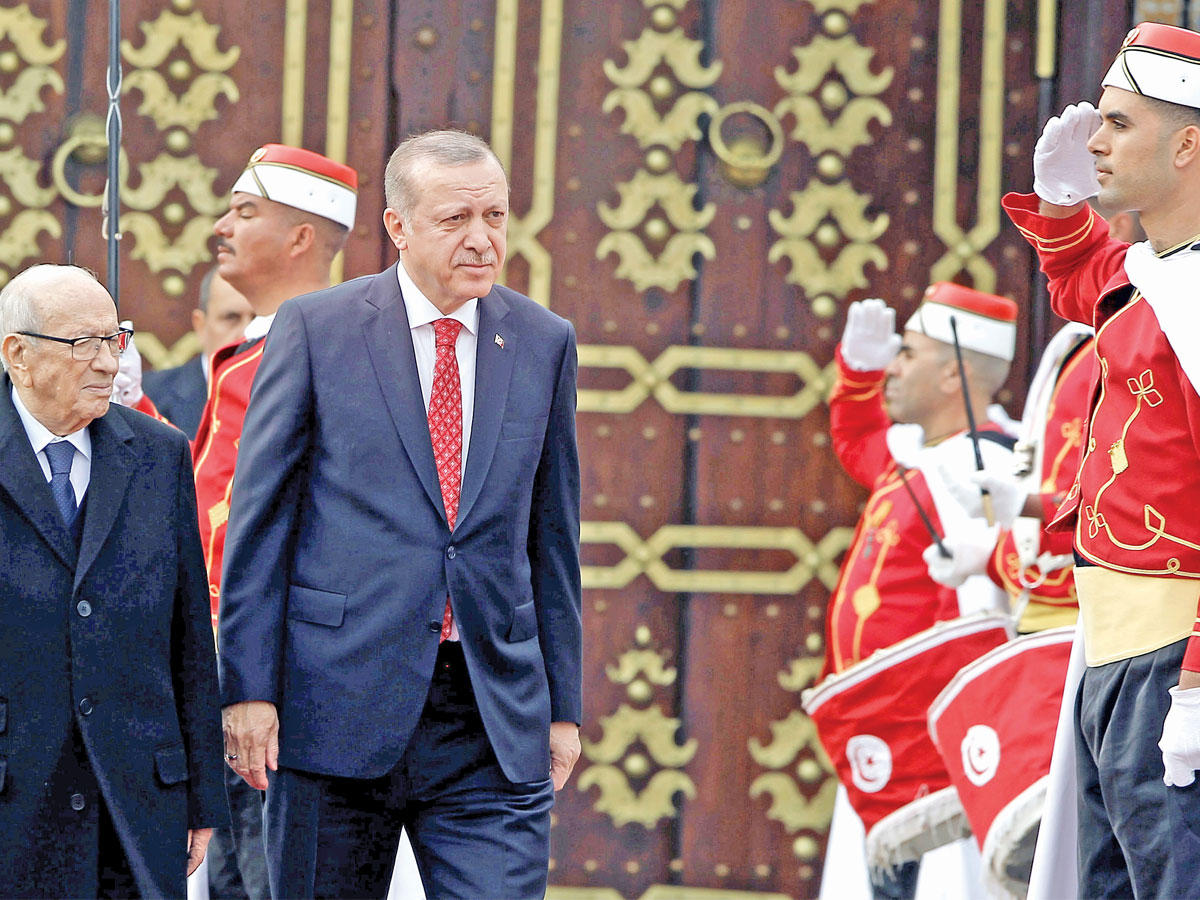 السبسي مستقبلاً إردوغان في قصر قرطاج بتونس أمس (رويترز)