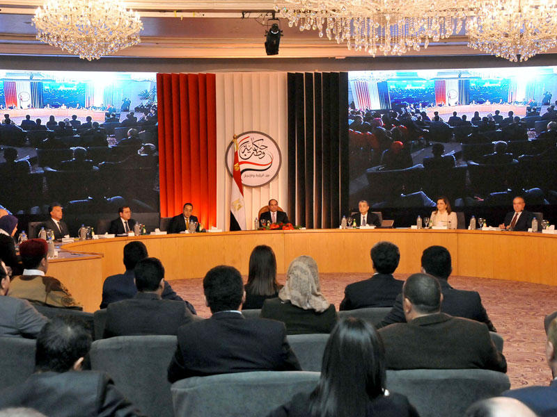 السيسي متحدثاً في مؤتمر حكاية وطن في القاهرة أمس (الجريدة)