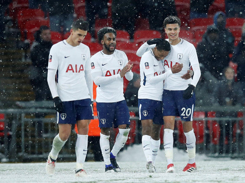 فرحة لاعبي توتنهام بالهدف السادس