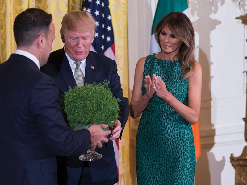 ترامب يتلقى نبتة تقليدية في عيد القديس باتريك من رئيس وزراء أيرلندا ليو فارادكار في البيت الأبيض وإلى جانبه السيدة الأولى   (أي بي أيه)