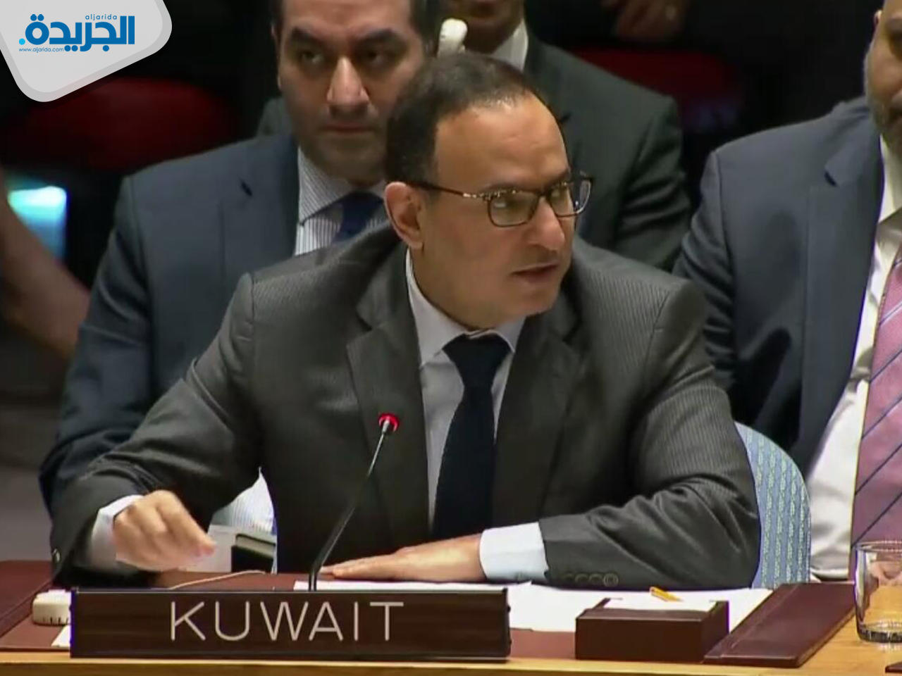 المندوب الدائم للكويت لدى الأمم المتحدة السفير منصور العتيبي خلال جلسة مجلس الامن الطارئة الوضع في سوريا