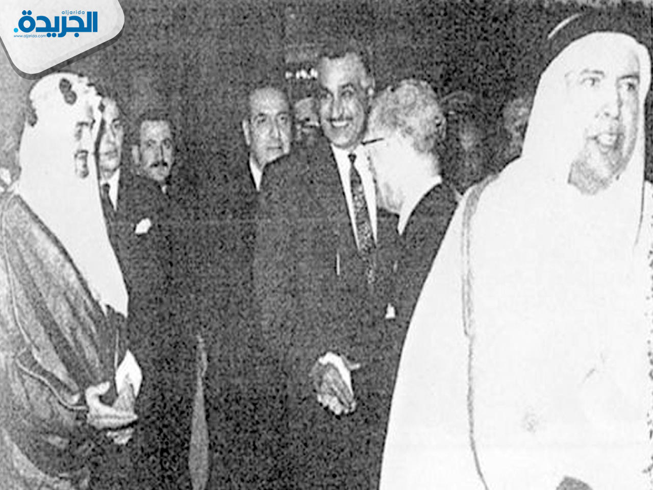 الشيخ عبدالله السالم والملك فيصل بن عبدالعزيز والرئيس جمال عبدالناصر والملك حسين في القمة العربية الثانية بالإسكندرية 1964