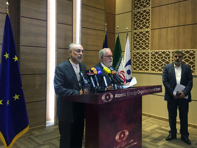 صالحي وكانيتي خلال مؤتمر صحافي مشترك في طهران أمس (رويترز)