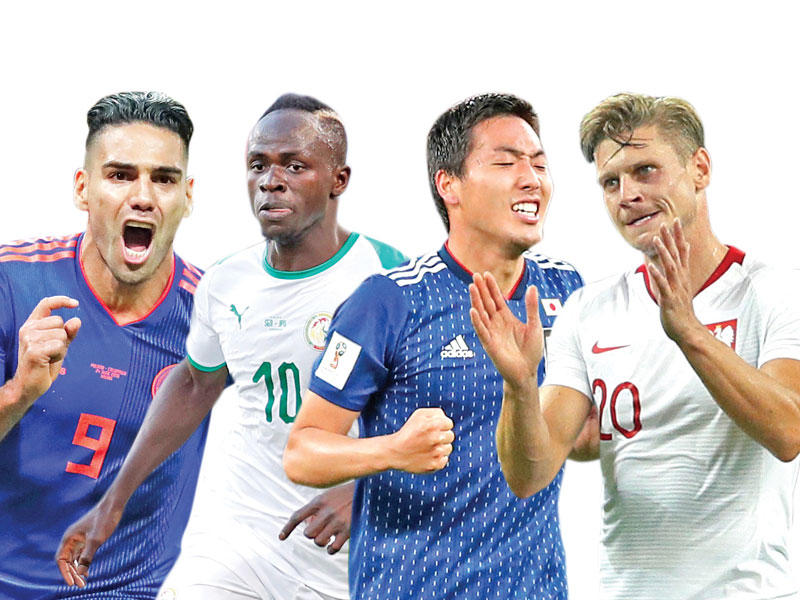بيسزيك نجم منتخب بولندا و جين شوجي نجم منتخب اليابان و سيدو مانيه نجم السنغال و فالكاو نجم كولومبيا