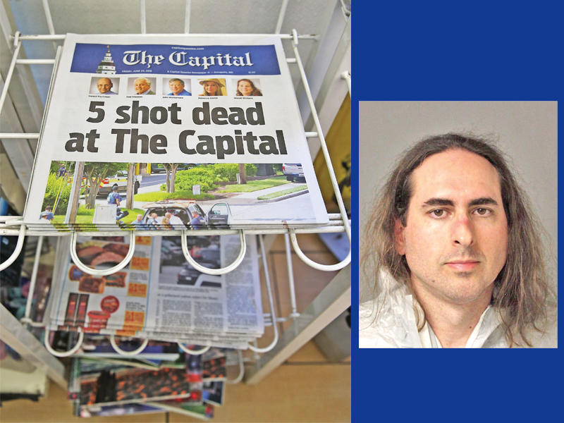 عدد كابيتال غازيت أمس ينعى القتلى الخمسة (ا ف ب) وفي إطار الصورة : القاتل راموس في صورة تعود لهذا العام (أ ف ب)