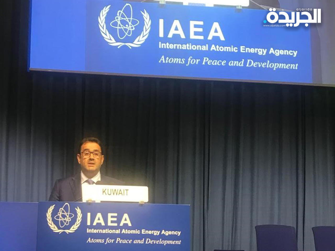 سفير الكويت لدى النمسا ومندوبها الدائم لدى المنظمات الدولية في فيينا صادق معرفي يلقي كلمة امام الدورة ال62 للمؤتمر العام للوكالة الدولية للطاقة الذرية